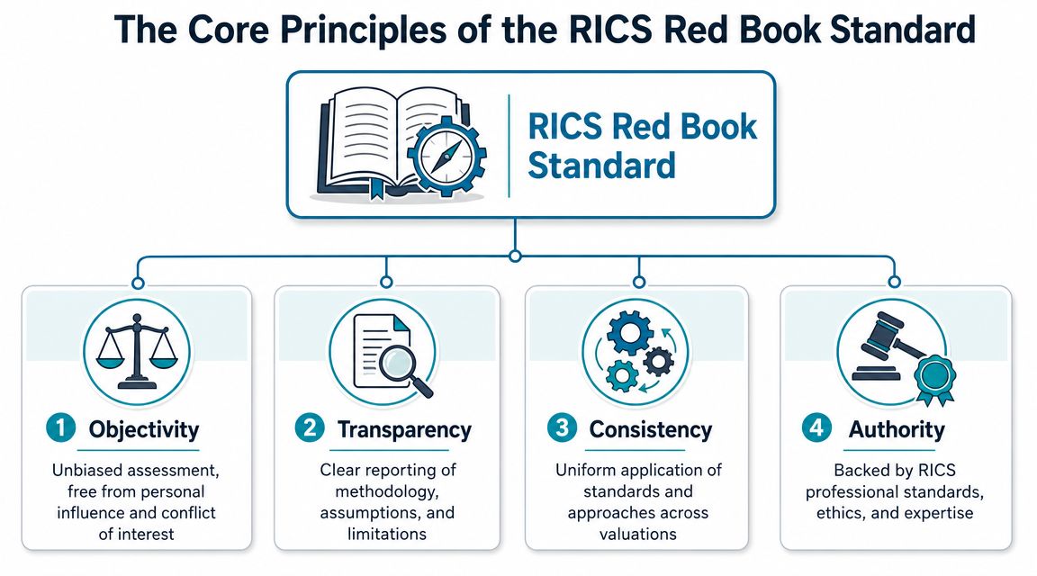 A diagram outlining the four core principles of the RICS Red Book standard: Objectivity, Transparency, Consistency, and Authority.
