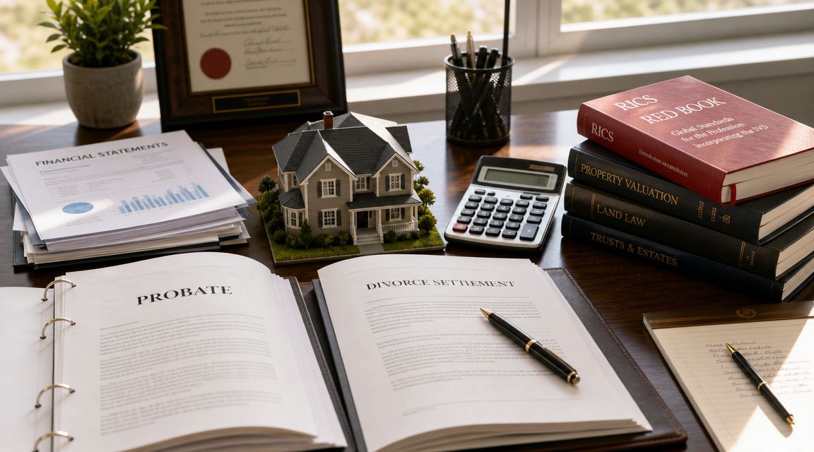A professional office desk with a house model, legal documents for probate and divorce, and property valuation books.