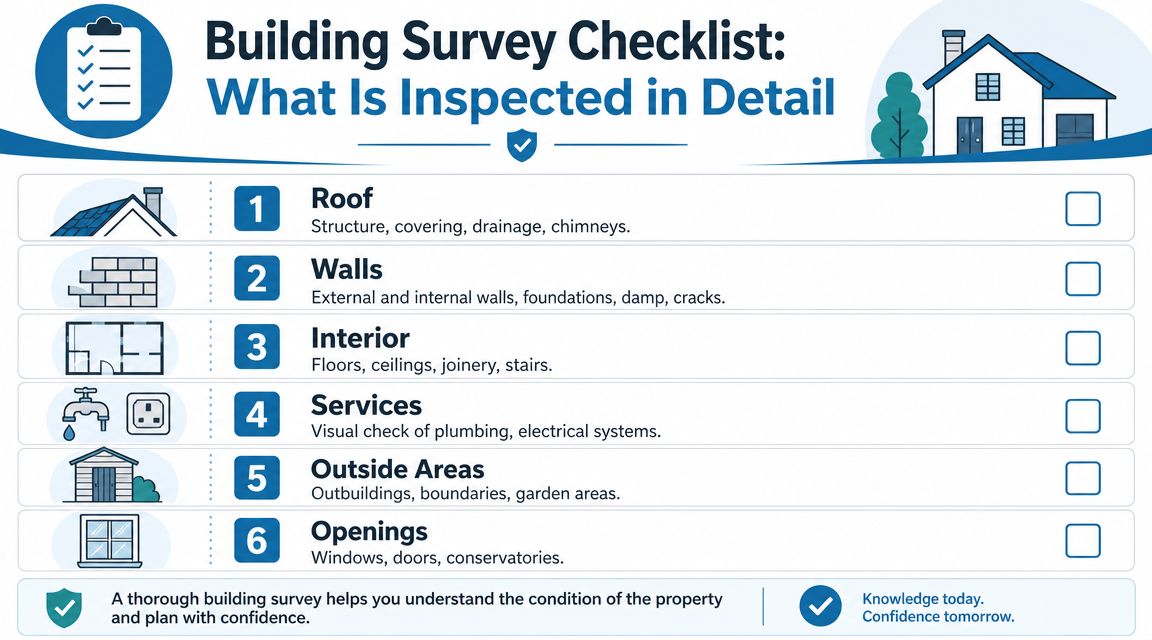 A comprehensive building survey checklist infographic detailing the six main areas inspected during a property assessment.
