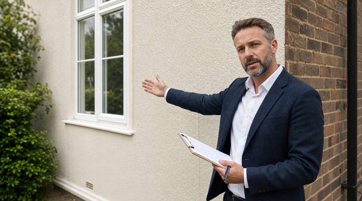 A professional building surveyor in a suit holding a clipboard while pointing at a house window.