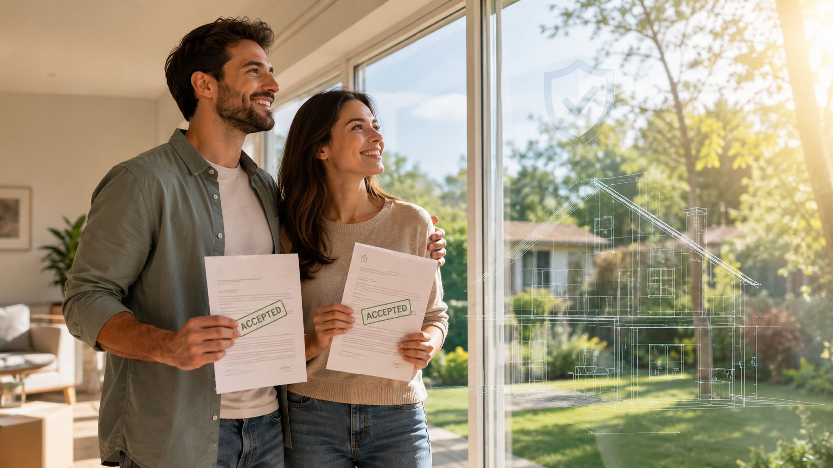 A happy couple standing by a window holding papers marked as accepted with a house blueprint overlay.