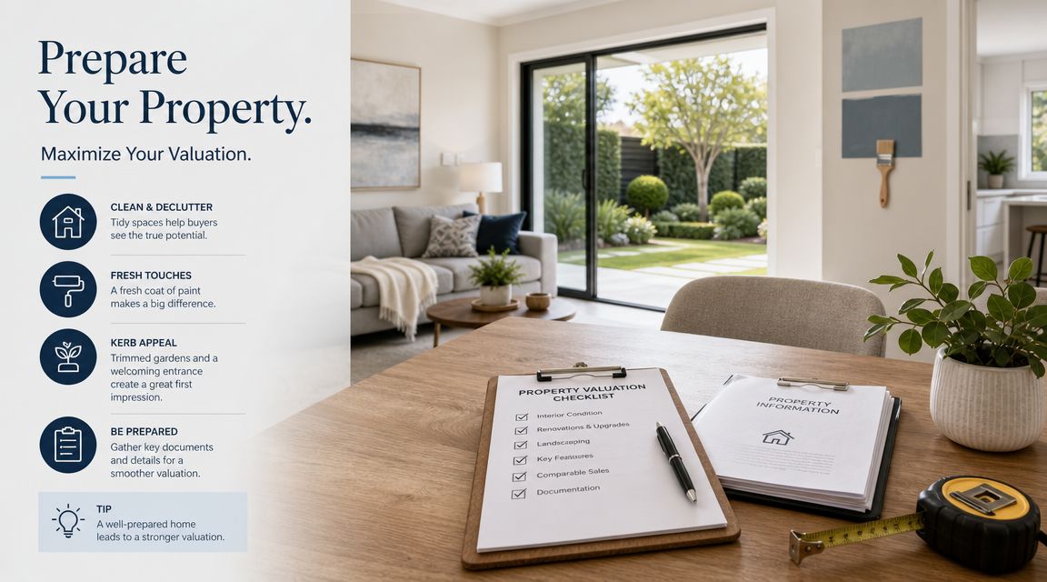 A checklist for property valuation sits on a wooden table with a pen and measuring tape.