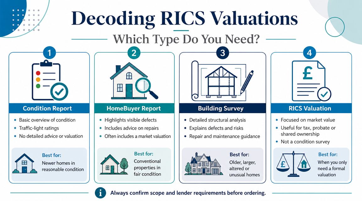 An infographic titled Decoding RICS Valuations comparing four types of property surveys and their specific uses.