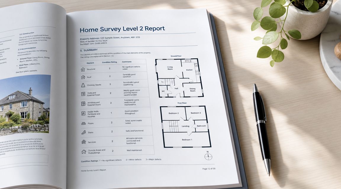 An open Home Survey Level 2 report booklet with floor plans and property assessment details on a desk.