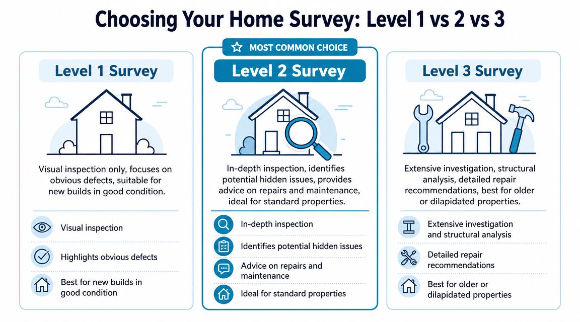An infographic comparing the three levels of home surveys, highlighting the key features of each option.