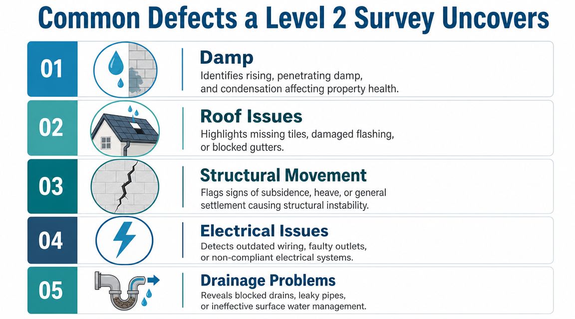 An infographic detailing five common property defects identified during a comprehensive Level 2 home survey.