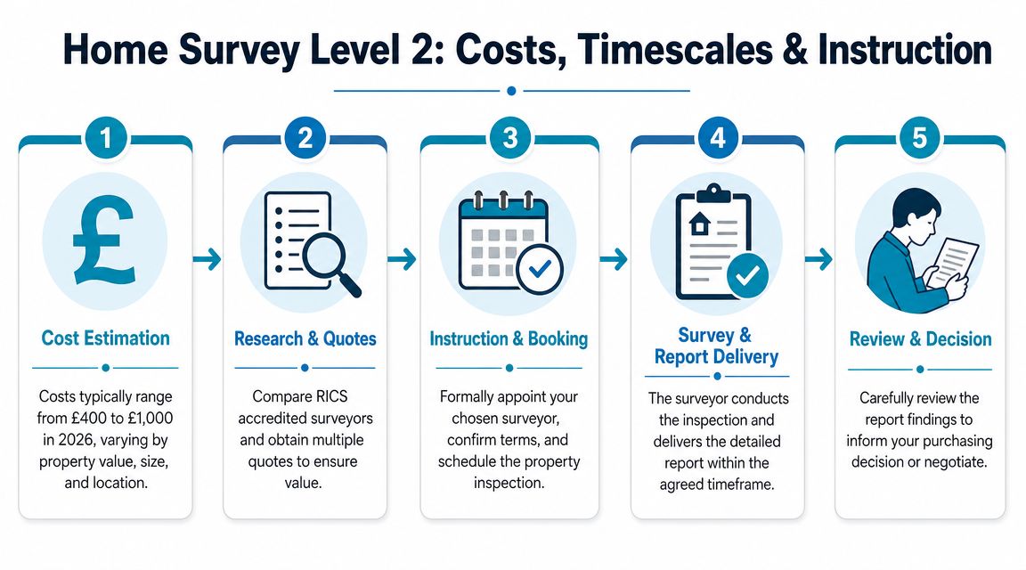 A five-step infographic detailing the process, costs, and timescales for a RICS Home Survey Level 2 inspection.