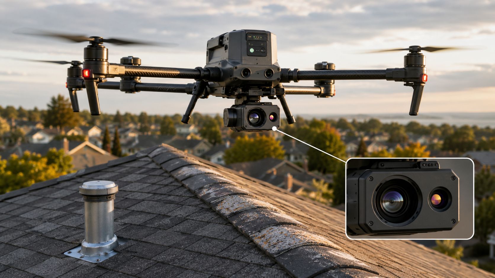 A professional inspection drone hovering over a residential roof for a property maintenance survey.