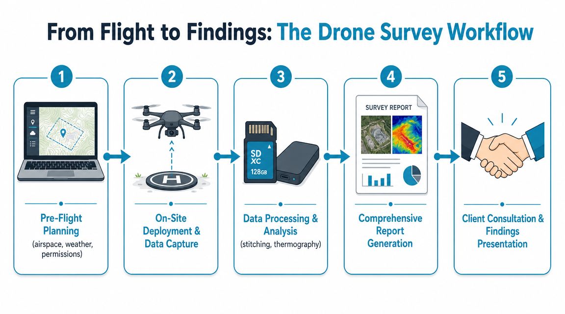 A five-step infographic showing the professional workflow for drone surveying from planning to client consultation.
