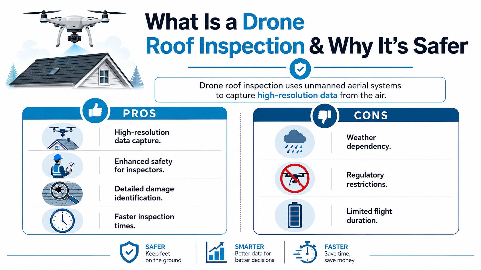 An infographic illustrating the pros and cons of using drone technology for residential roof inspections safely.