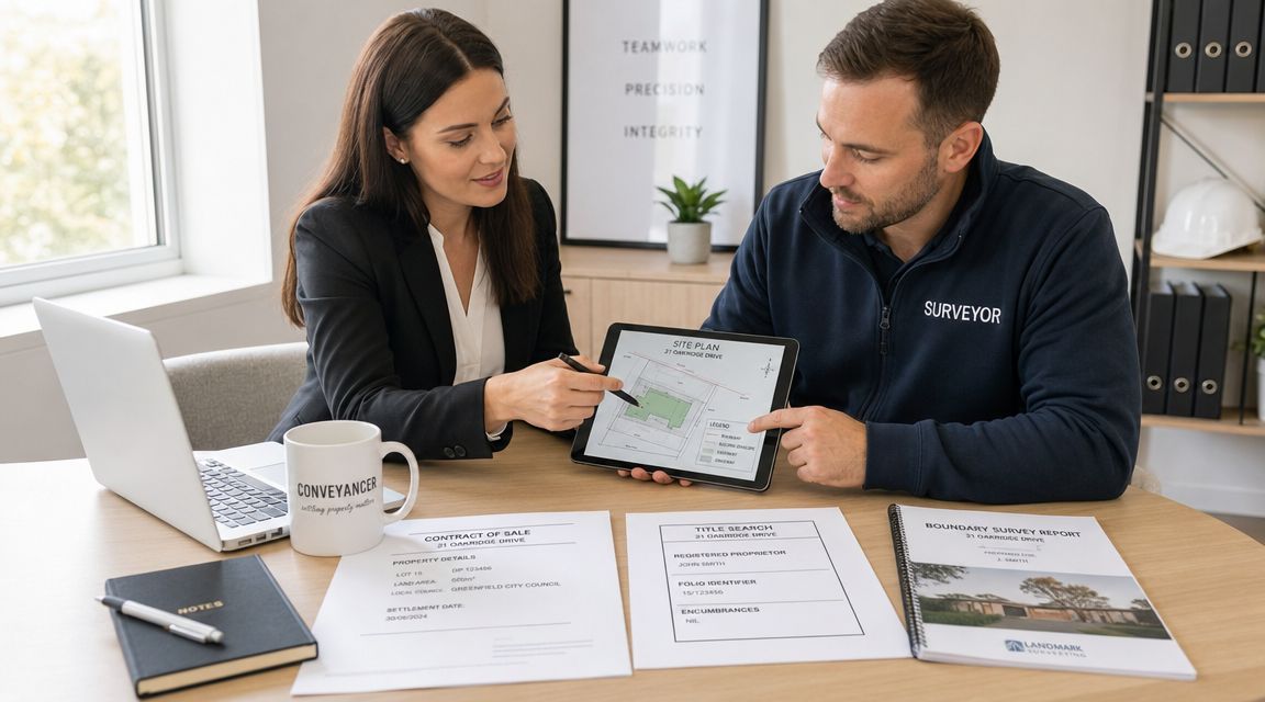 A professional conveyancer and a surveyor reviewing property site plans on a digital tablet together.