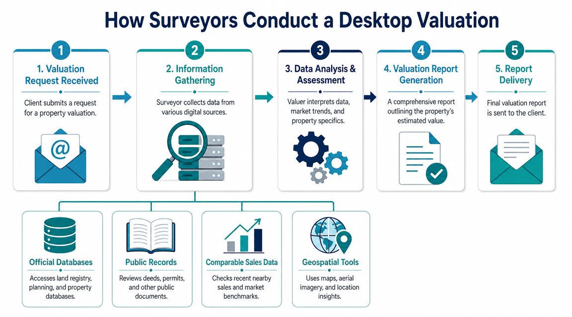 A five-step infographic explaining the professional process of how surveyors conduct a digital desktop property valuation.