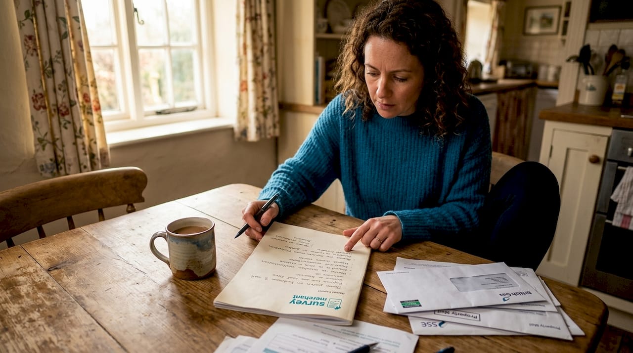 Homeowner reviewing a building surveyor&rsquo;s defect report at a kitchen table
