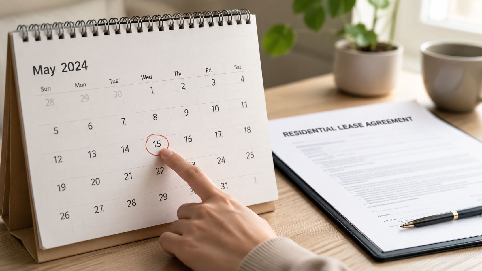 A person's hand pointing at the 15th of May 2024 on a desktop calendar near a lease agreement.