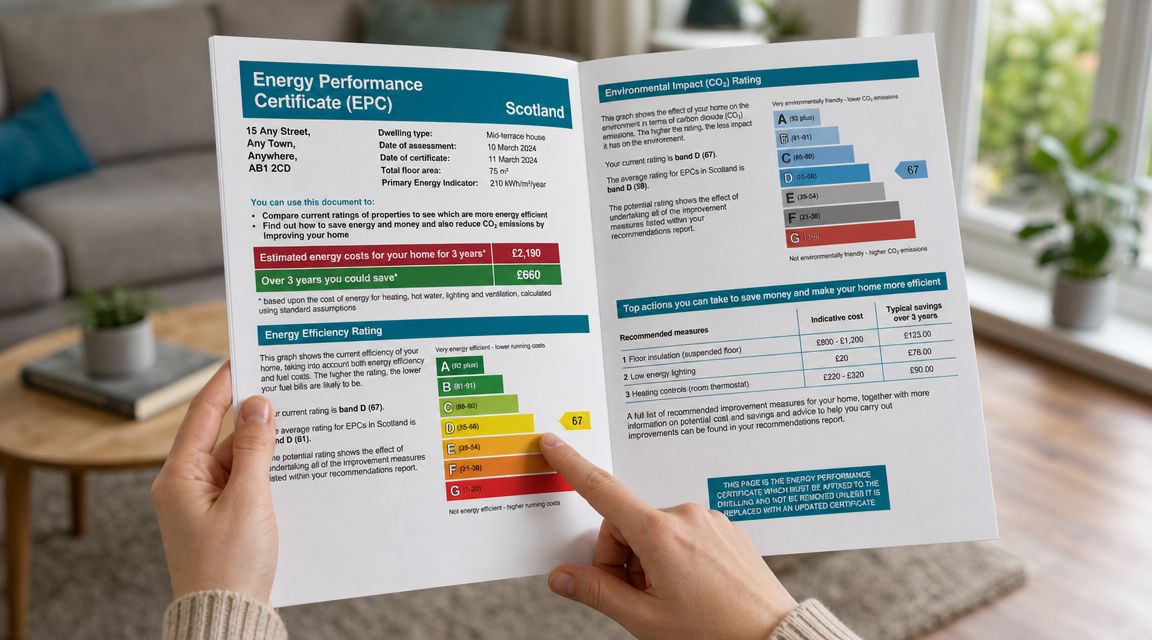 A person holding an energy performance certificate document showing the efficiency rating for a Scottish home.