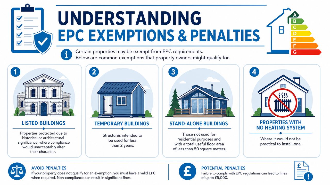 An infographic detailing common EPC exemptions for listed, temporary, stand-alone buildings and properties without heating systems.