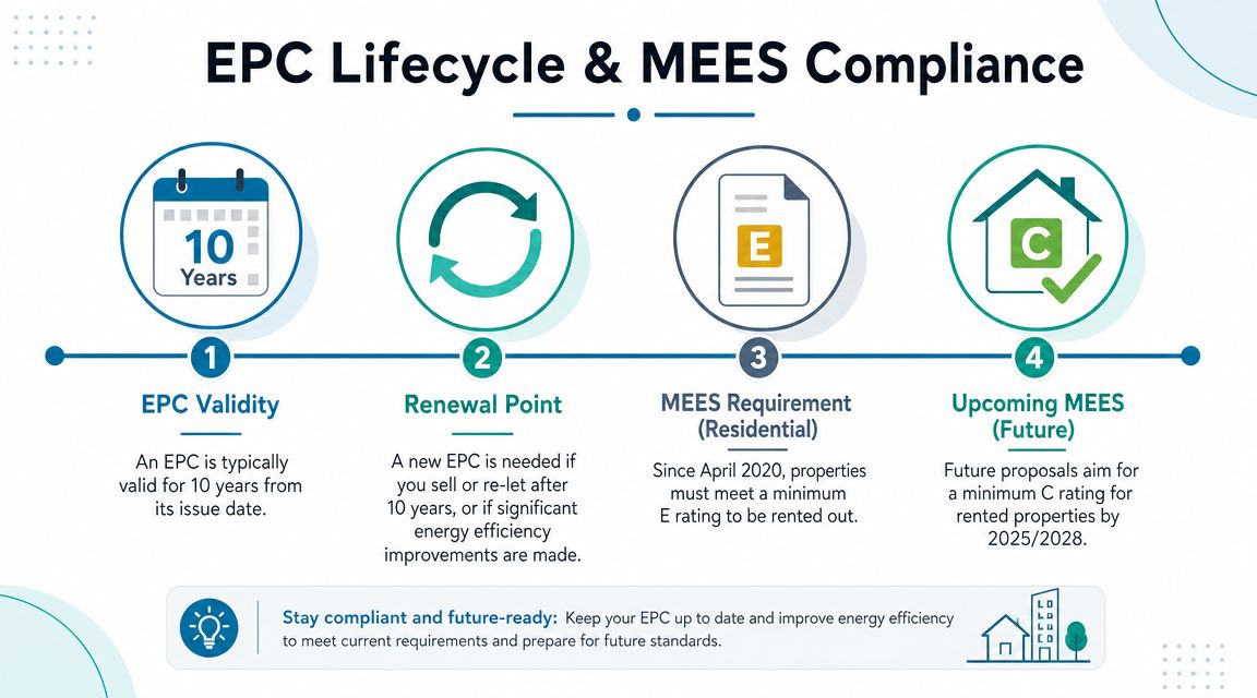 An infographic showing the EPC lifecycle and MEES compliance requirements for rental properties in four steps.