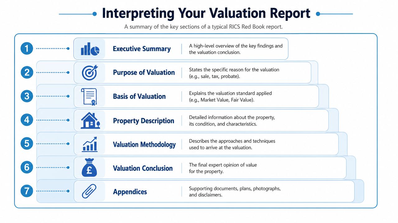 An infographic titled Interpreting Your Valuation Report outlining seven key sections of an RICS Red Book property document.