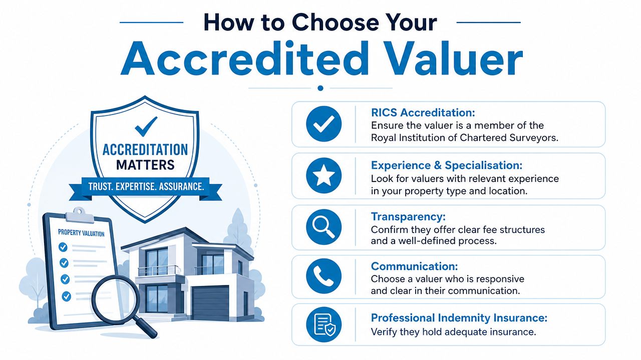 A professional infographic outlining five key criteria for choosing an accredited property valuer for real estate.