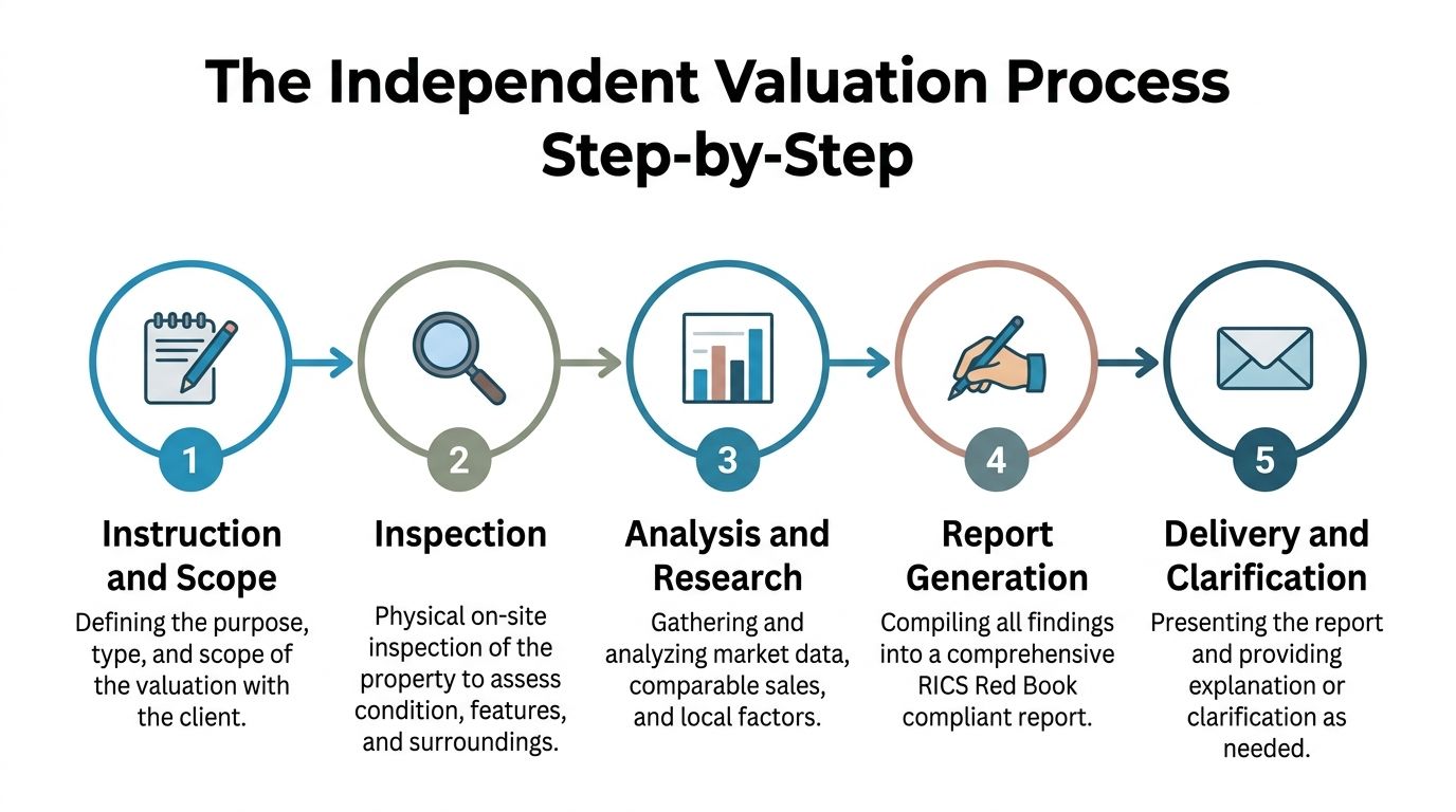 A step-by-step diagram illustrating the five stages of an independent property valuation process for real estate.