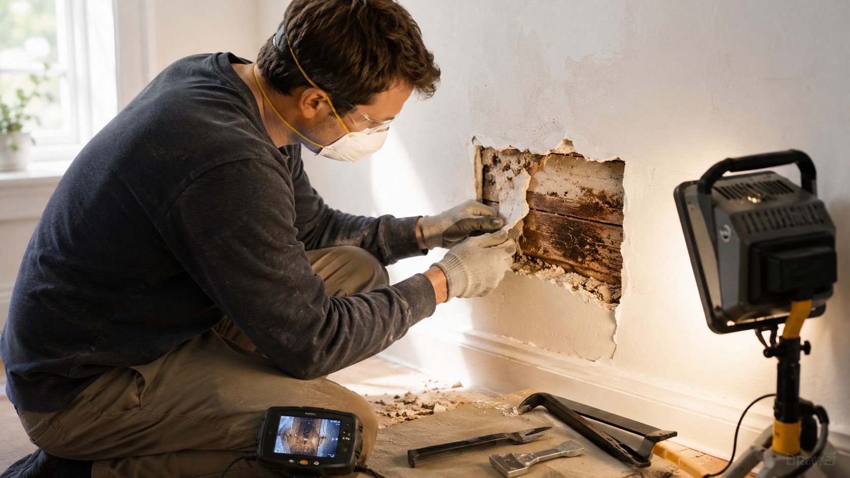 A construction worker wearing a face mask inspecting damaged wooden wall laths for dry rot inside a house.