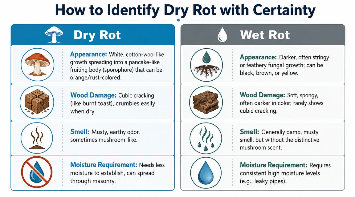 A comparison chart outlining the visual, physical, and environmental differences between dry rot and wet rot fungi.