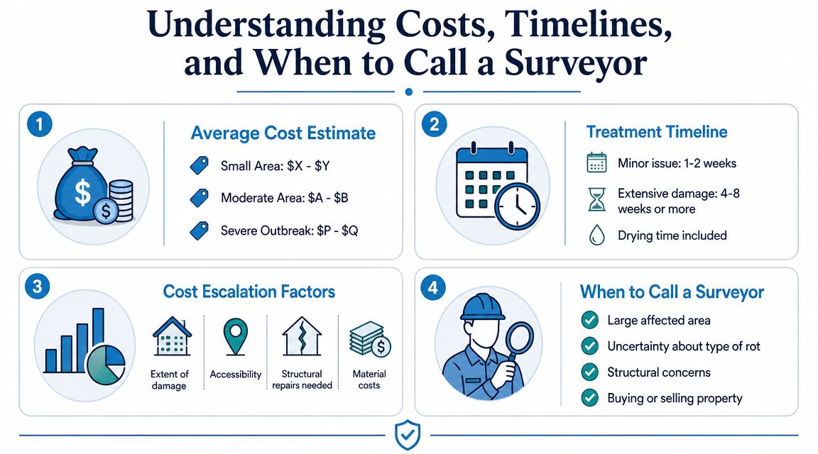 An infographic detailing the costs, timelines, factors, and professional services required for managing dry rot treatment.