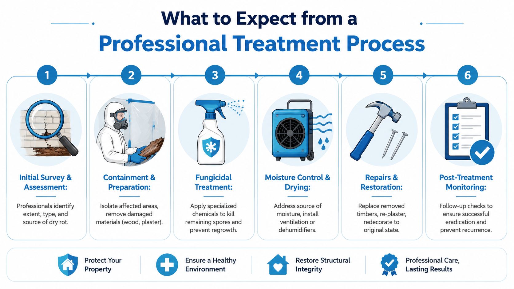A professional dry rot treatment infographic illustrating six sequential steps from initial survey to post-treatment monitoring.