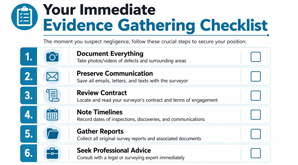 A checklist for gathering evidence when suspecting surveyor negligence, numbered from one to six steps.