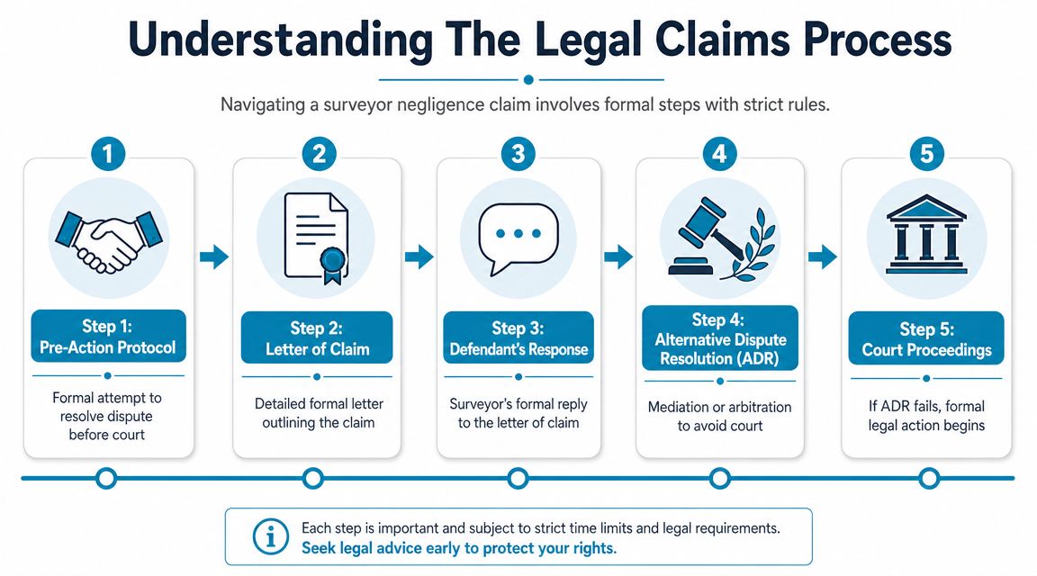 An infographic detailing the five-step legal process for resolving surveyor negligence claims through formal procedures.