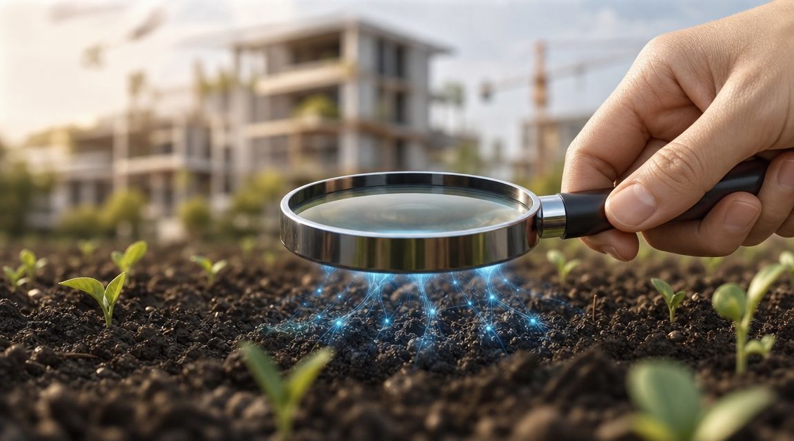 A hand holds a magnifying glass over soil with digital blue connection lines representing environmental analysis.