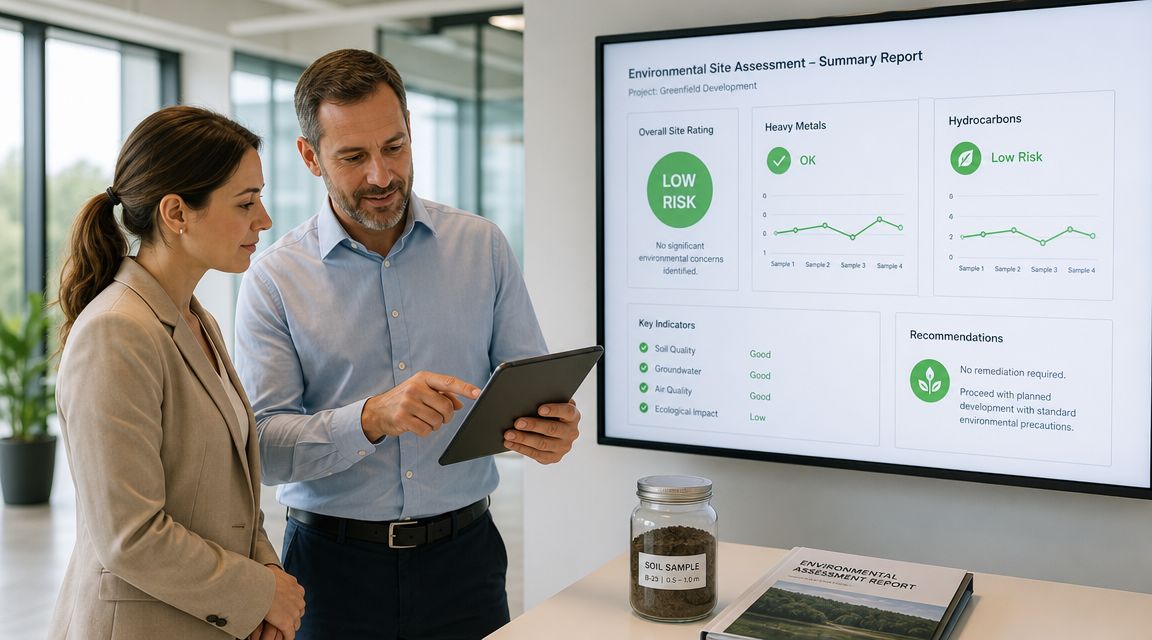 A professional man and woman discussing an environmental site assessment report on a digital screen in an office.