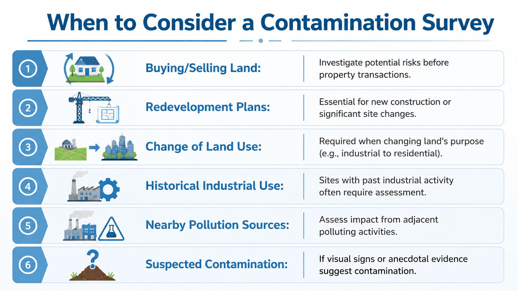 A numbered infographic titled When to Consider a Contamination Survey detailing six scenarios for land assessment.