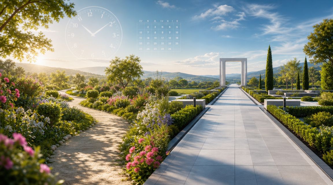 A serene garden landscape featuring a paved walkway, vibrant flowers, and an overlay of a clock and calendar.