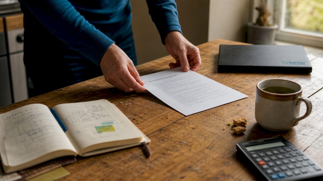 Hands holding shared ownership lease over documents