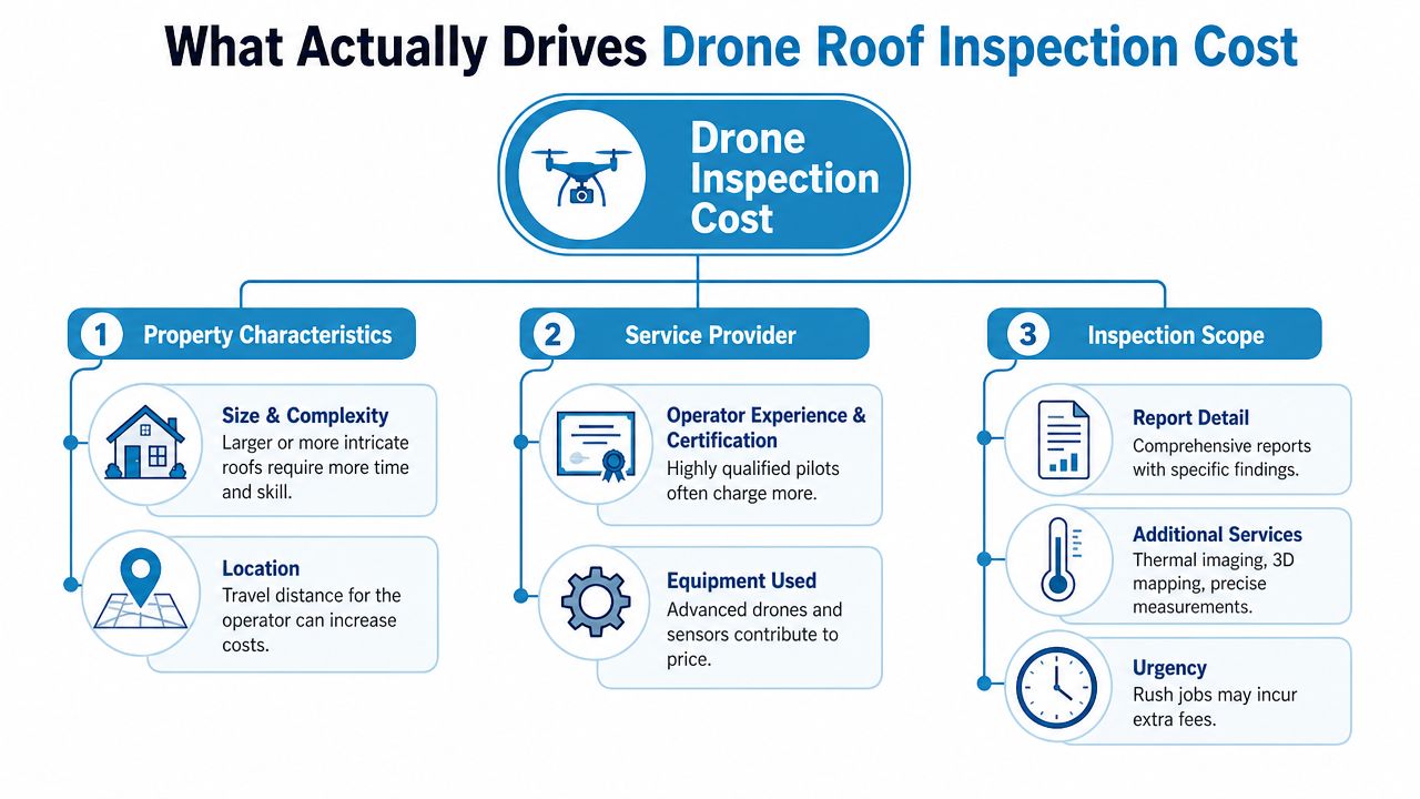 A flowchart infographic explaining the primary factors that influence the total cost of drone roof inspections.