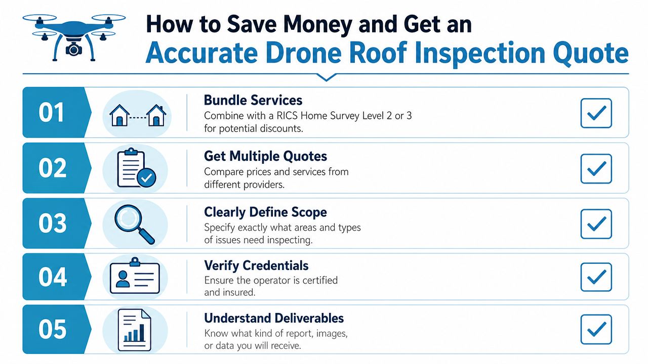 An infographic titled How to Save Money and Get an Accurate Drone Roof Inspection Quote with five steps.