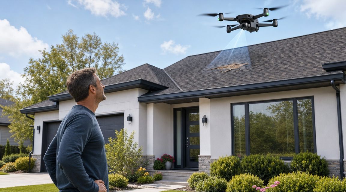 A man observing a drone conducting a professional roof inspection on a modern residential house.