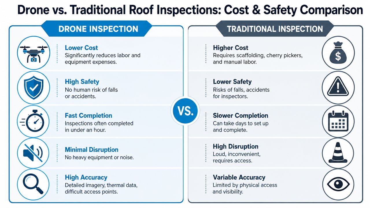 A comparison chart showing the benefits of drone roof inspections versus traditional methods regarding cost and safety.