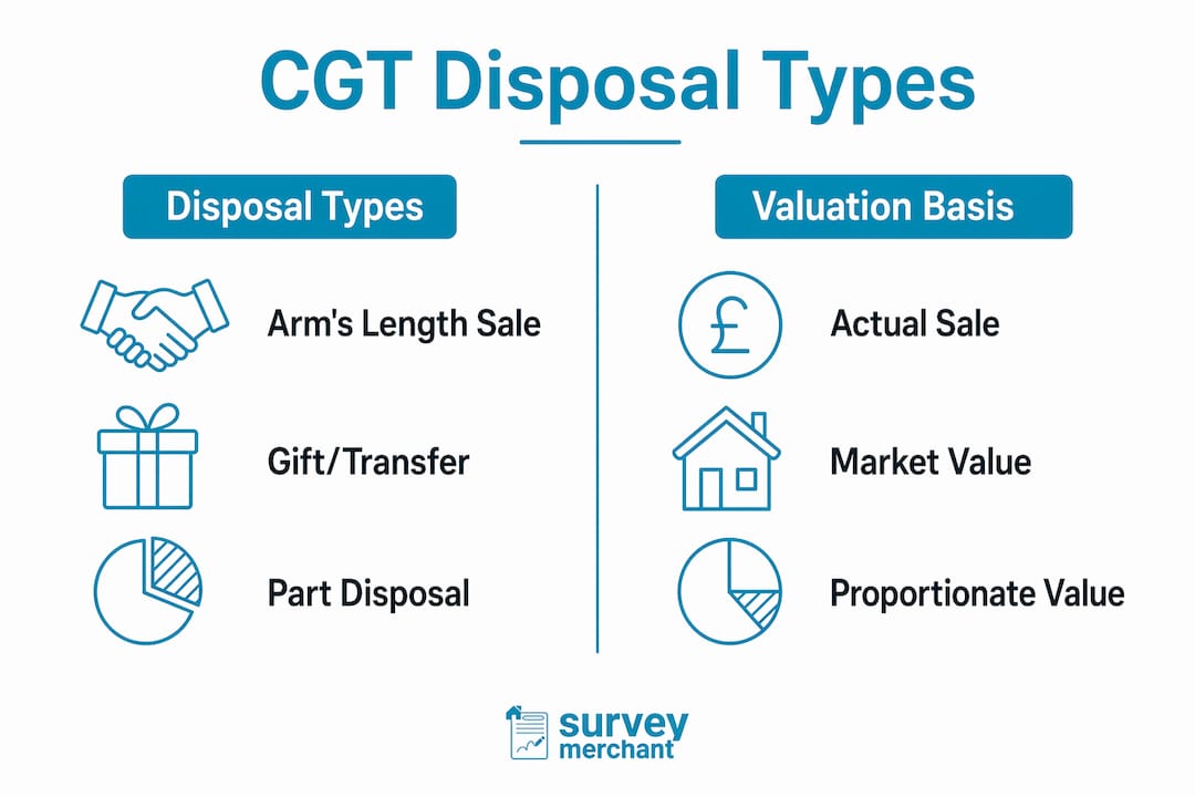 Infographic comparing CGT disposal types and valuation basis