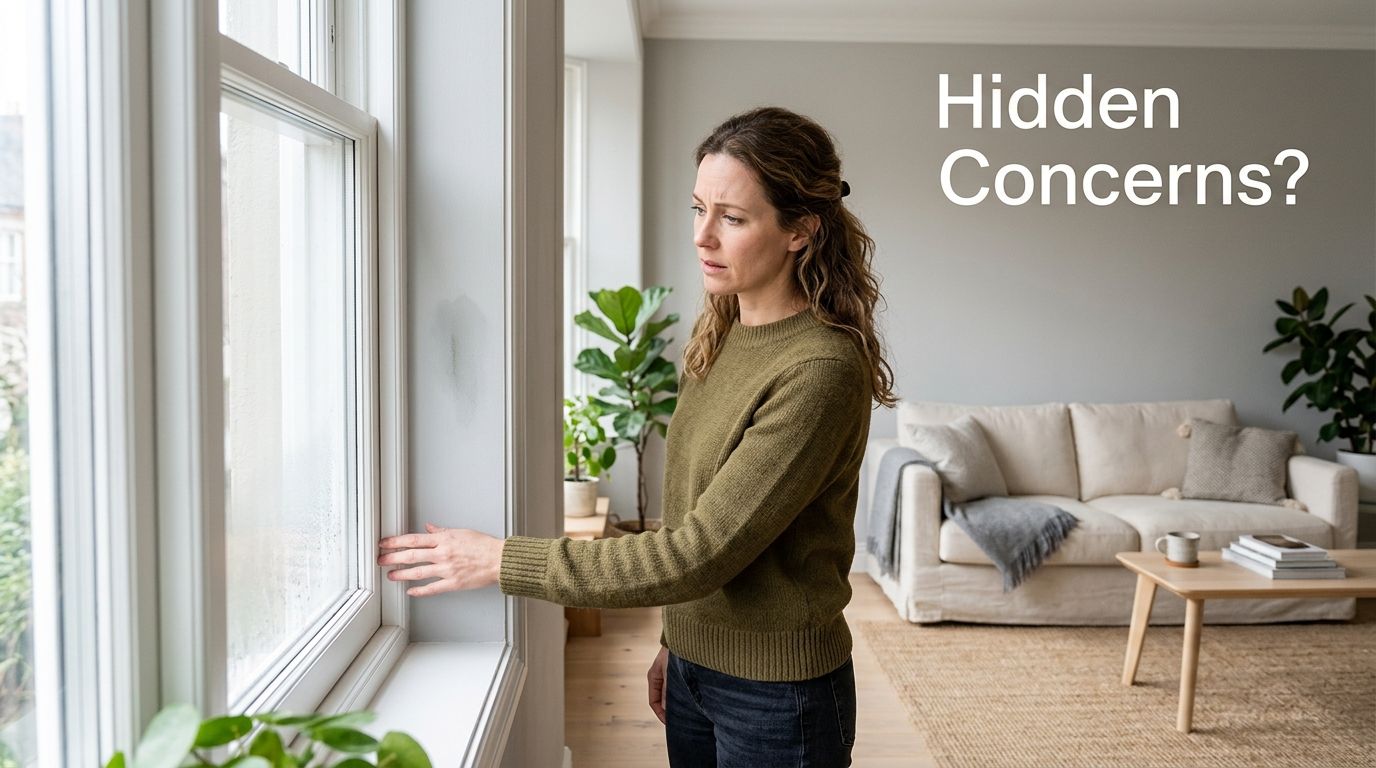 A concerned woman inspects dampness or condensation on a wall near a window in her home.