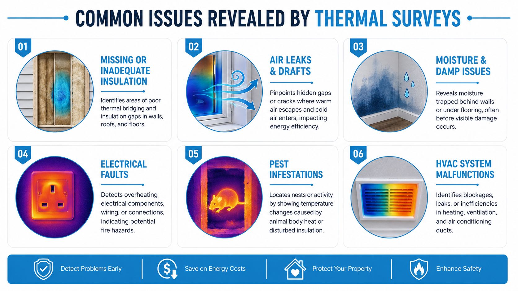 An infographic detailing six common household issues revealed by professional thermal imaging building surveys.