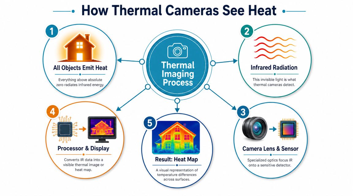 An infographic titled How Thermal Cameras See Heat showing the five steps of the thermal imaging process.
