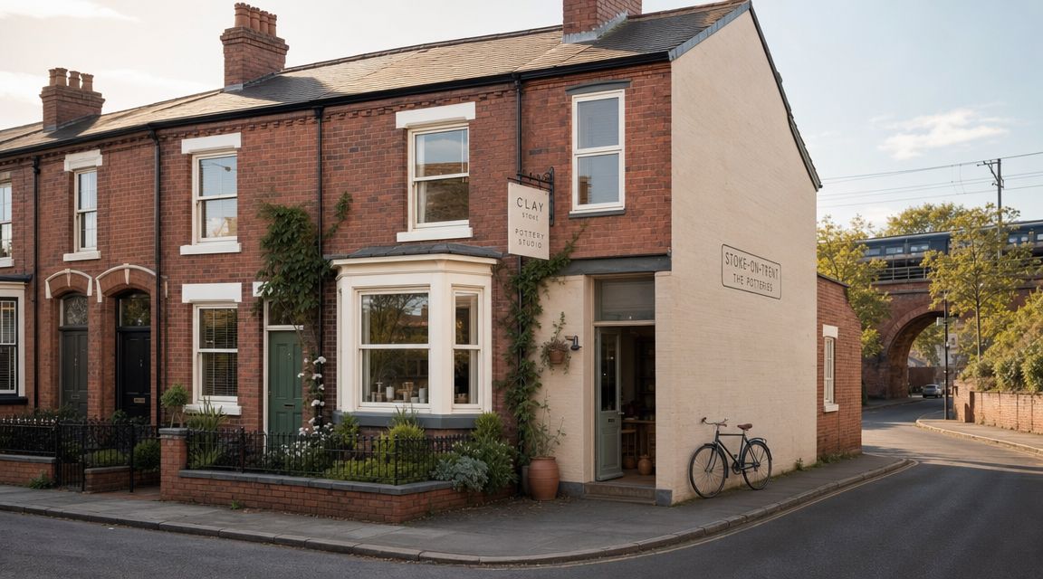 A charming brick terraced pottery studio in Stoke-on-Trent with a bicycle parked outside on a quiet street.