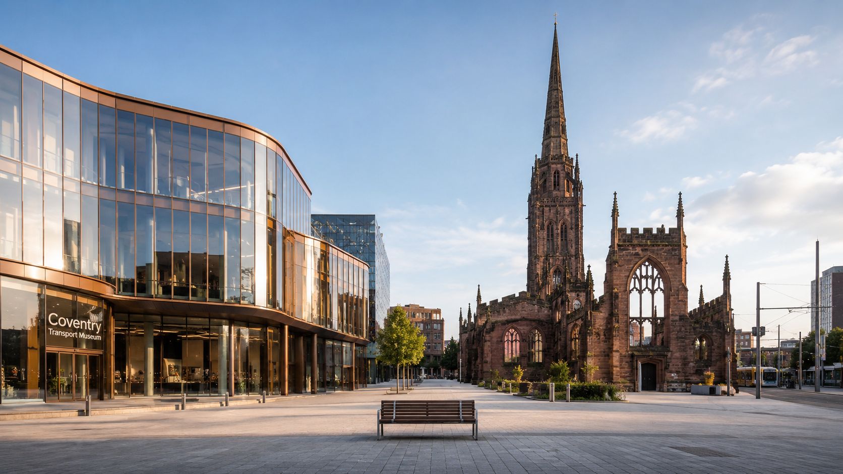 A scenic view of the modern Coventry Transport Museum next to the historic ruins of St Michael's Cathedral.