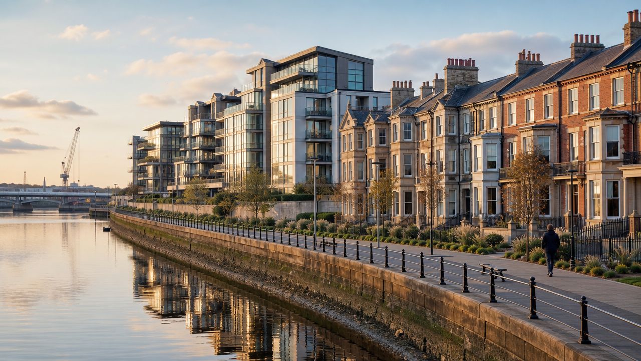 A modern and traditional riverside promenade in the UK featuring contemporary apartment buildings and historic brick townhouses.