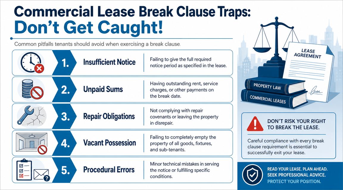 An infographic detailing five common pitfalls and traps for tenants when exercising a commercial lease break clause.