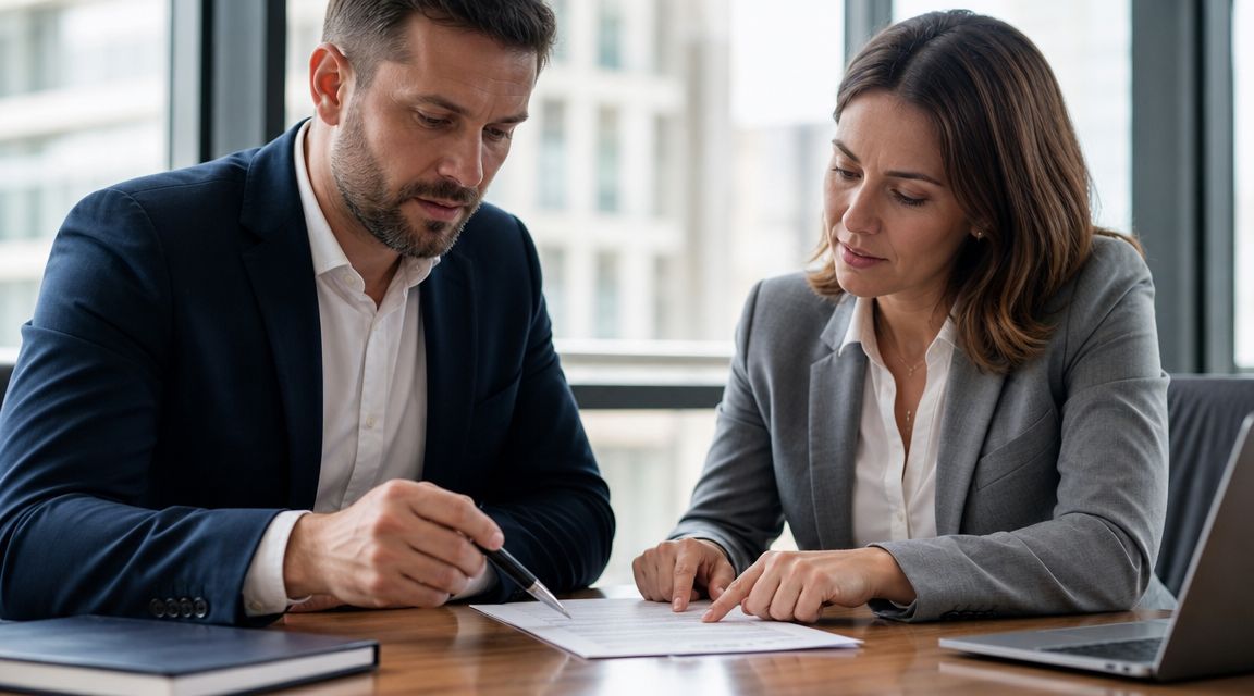 A professional man and woman in business attire reviewing a commercial lease agreement at an office desk.
