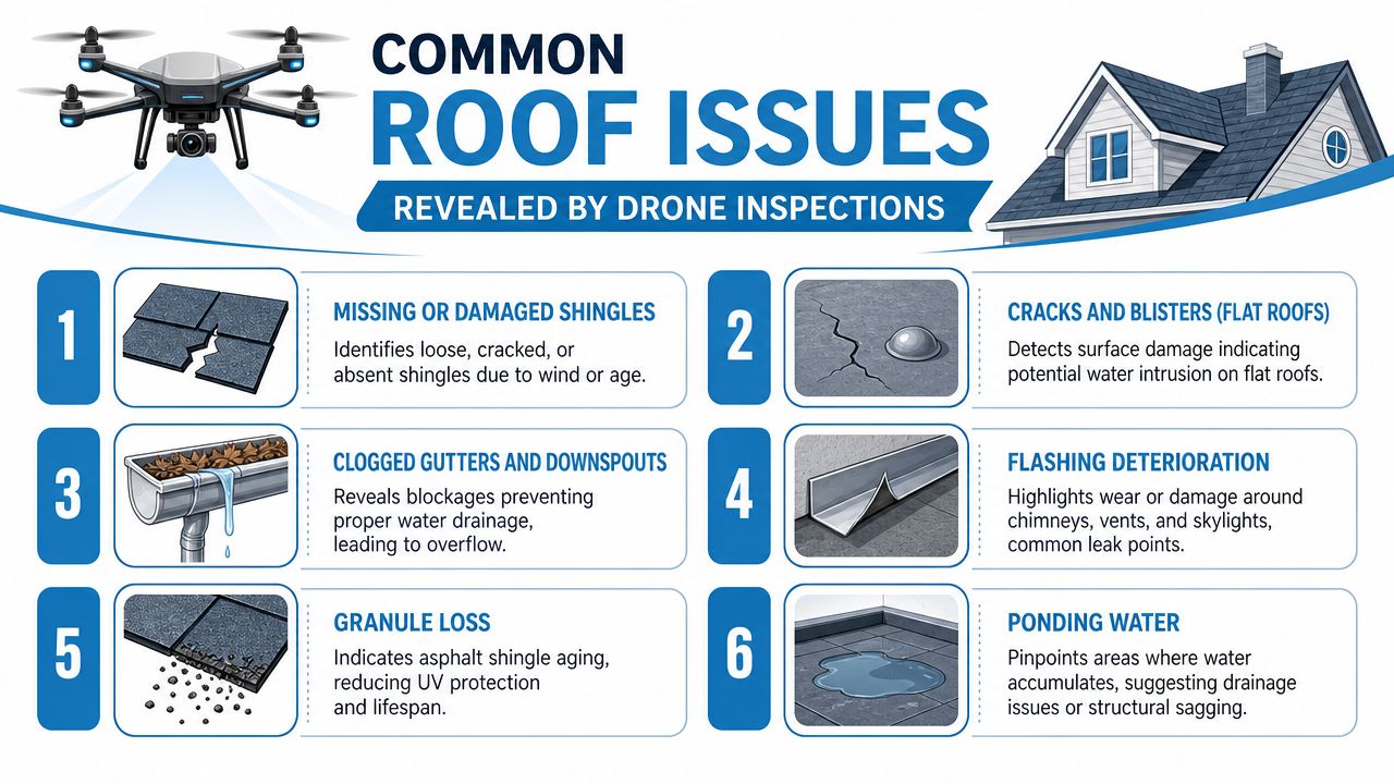 An infographic illustrating six common residential roof issues that can be identified using drone inspection technology.