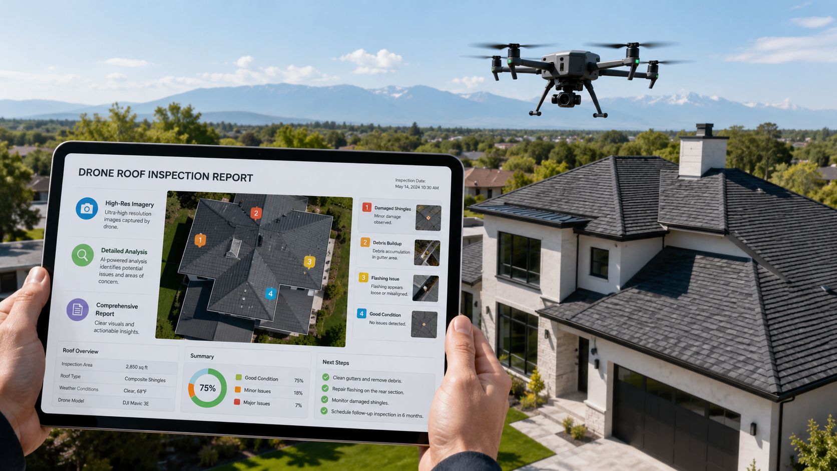 A person holds a tablet displaying a drone roof inspection report while a drone flies overhead.